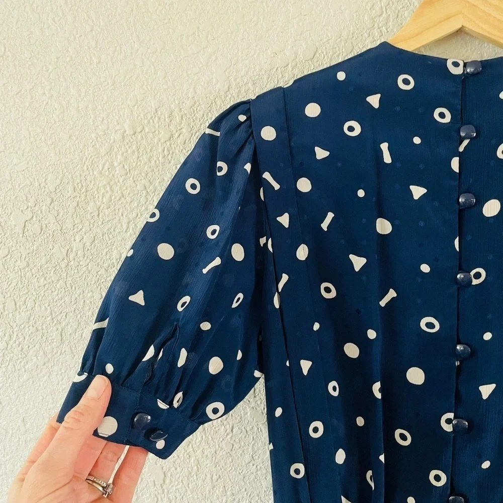 Vintage Liz Claiborne Navy Blue Button Back Abstract Print Pleated Midi Dress - Picture 8 of 16
